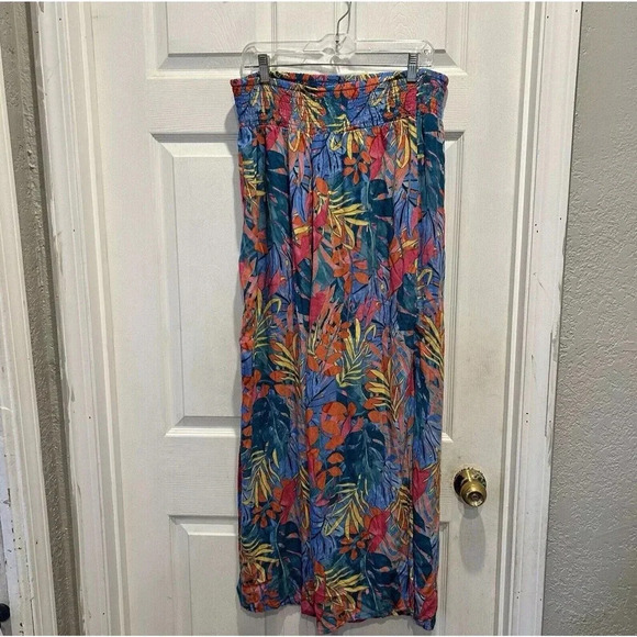 Kona Sol Pants Women's L Pull on Rayon Smock Waist Wide Slit Leg Tropical Lounge - Picture 5 of 7